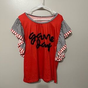 Red Game Day Top with Striped Collar and Ruffle Sleeves